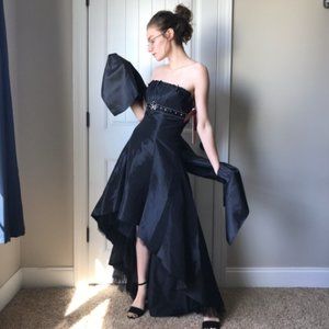 black strapless bead detailed prom dress with wrap
